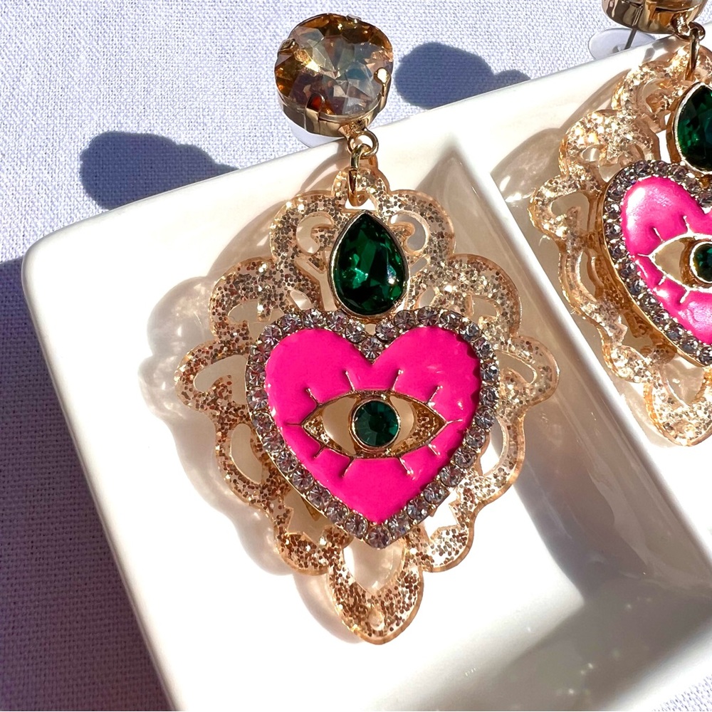 Pink Enamel Heart Earrings Green Amber Rhinestone Gold Drop Sparkly Statement